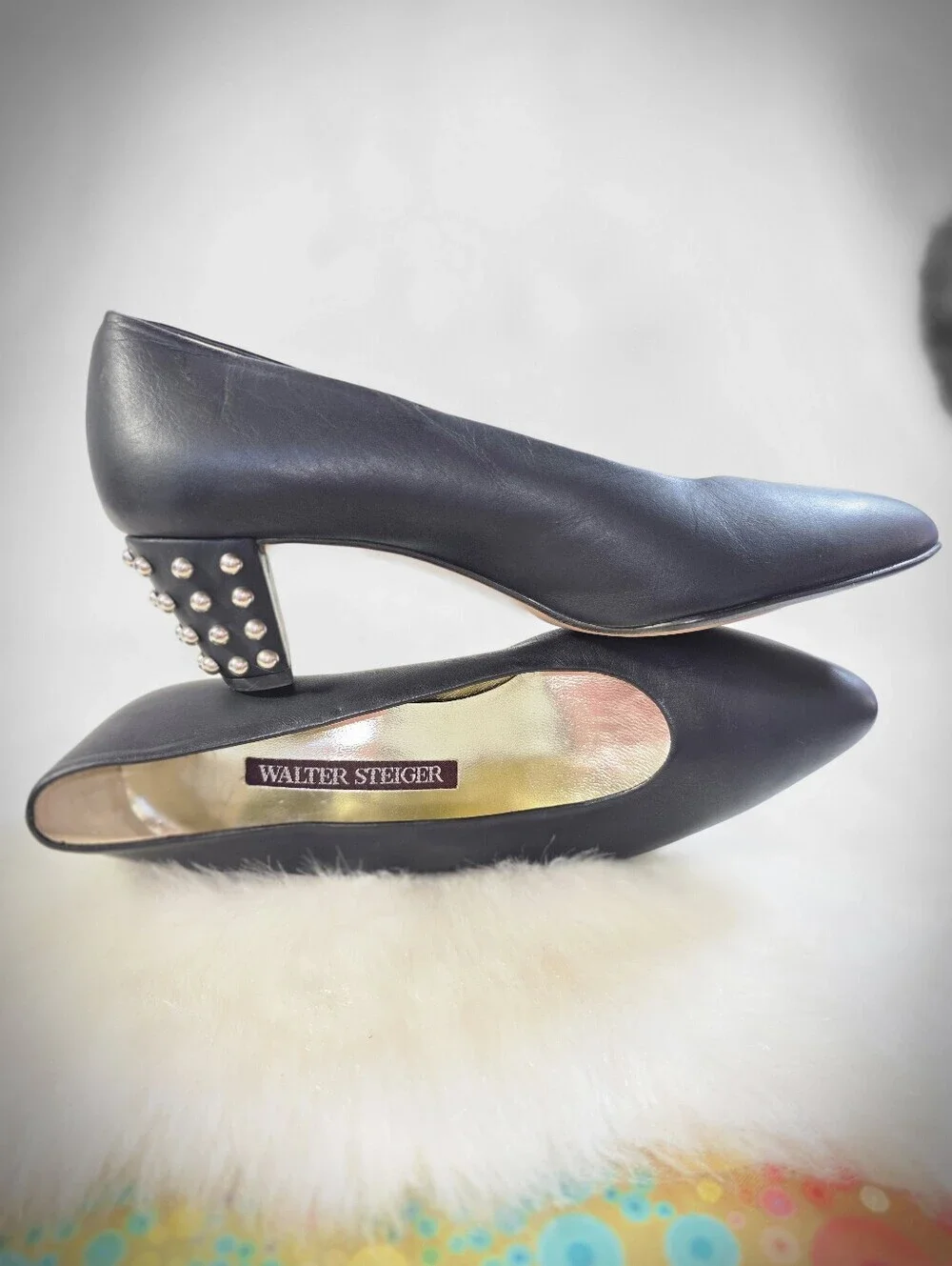 Walter Steiger Vintage Black Leather Studded Block Heel Pumps